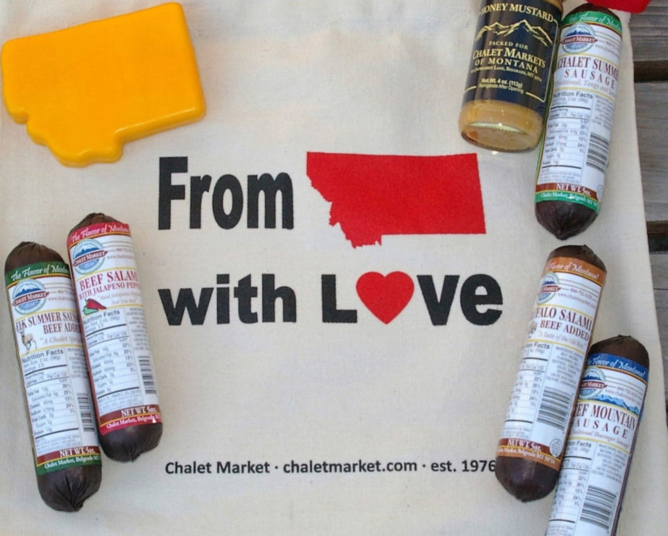 Chalet Market of Montana From Montana With Love Gift Bag, Gift Bag with the state of Montana 5 salami, a Chalet Market of Montana Mustard and a Montana Shaped Cheese 