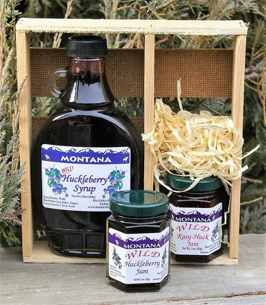 Montana Made Wild Huckleberry Syrup. Huckleberry Jam, Wild Raspberry Huckleberry Jam. Huckleberry People. Made in Montana. Montana Made gift crate