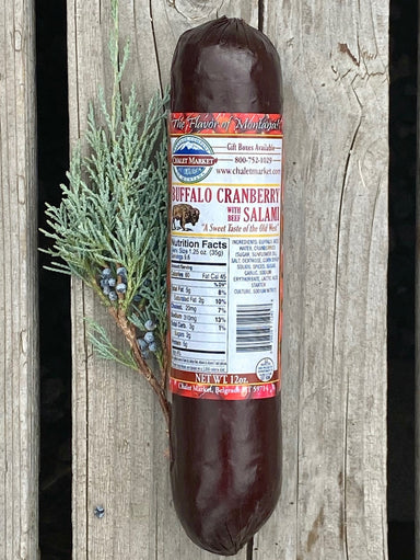 The sweet and savory flavor of our Buffalo Cranberry Salami taste great with white Cheddar cheese.  A great holiday treat.  Made in Montana.