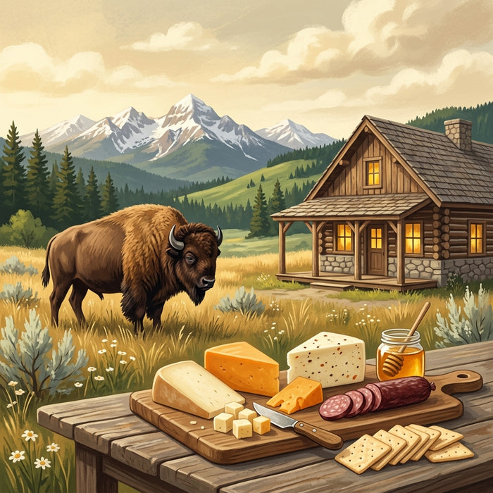 A cheese board with cheddar, pepper jack, crackers, summer sausage and honey on a wooden table, with a bison in the golden grass and snow-capped Montana mountains behind.