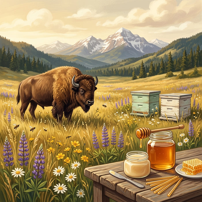 A bison grazing in a Montana wildflower meadow with beehive boxes behind, and jars of golden honey, creamed honey, honeycomb and honey sticks on a wooden table in the foreground.