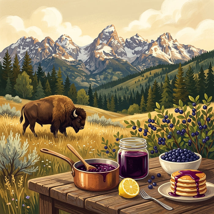 A copper pan of simmering huckleberry syrup, a jar of finished syrup, a bowl of wild huckleberries and pancakes on a wooden table, with a bison in the meadow and Montana mountains behind.