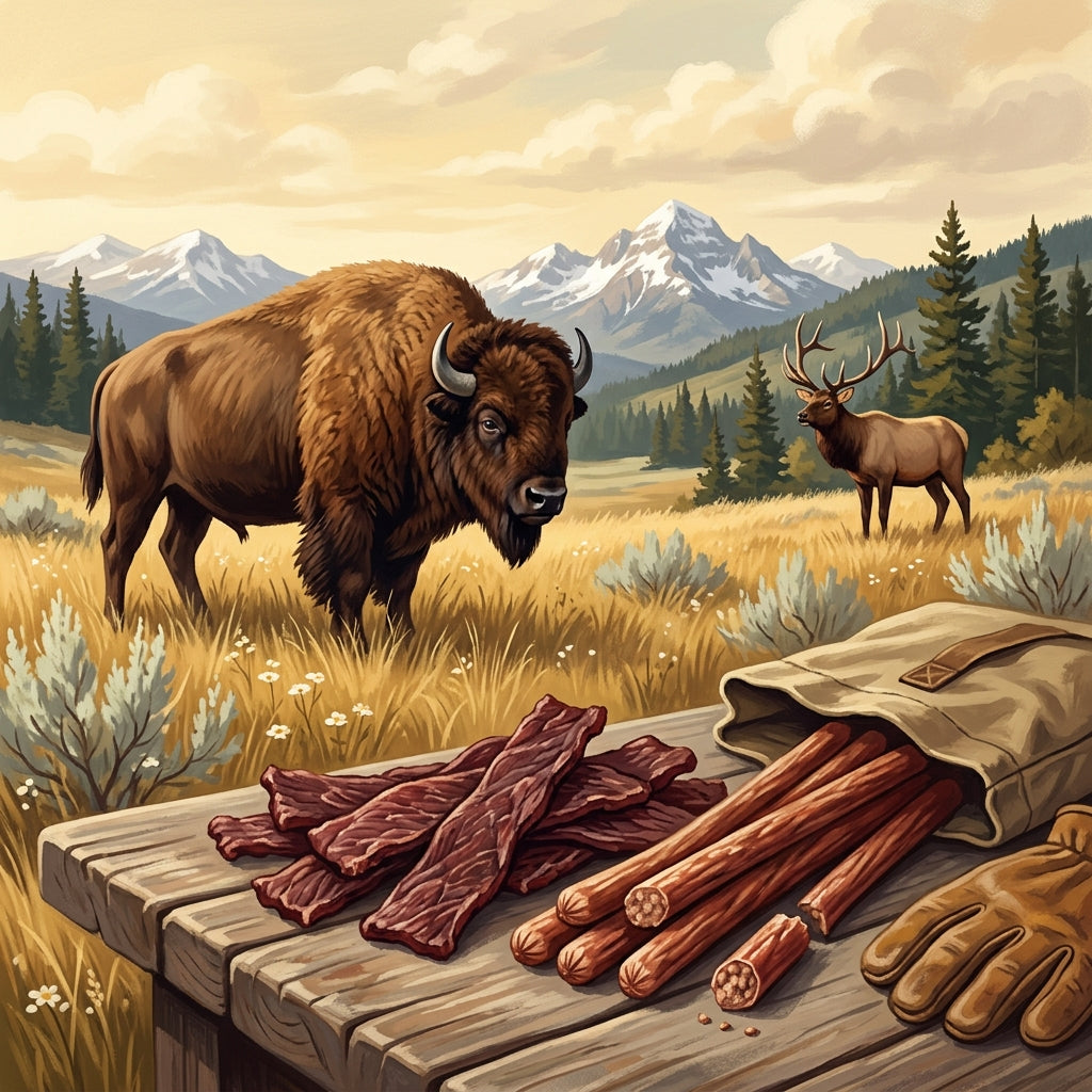 Jerky strips and smoked snack sticks laid on a weathered wooden surface with a canvas bag and glove, a bison in the foreground meadow and a bull elk at the treeline behind.