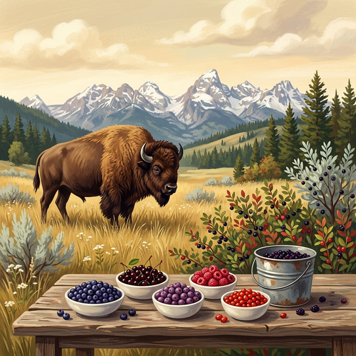 Bowls of wild Montana berries on a wooden table, huckleberries, chokecherries, serviceberries, raspberries and buffaloberries, with a picking pail, a bison in the meadow and mountains behind.