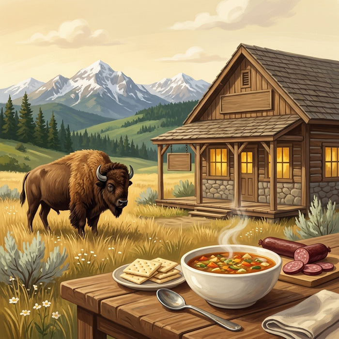 A steaming bowl of soup with crackers and sliced summer sausage on a wooden table outside a Montana market, with a bison in the golden grass and snow-capped mountains behind.