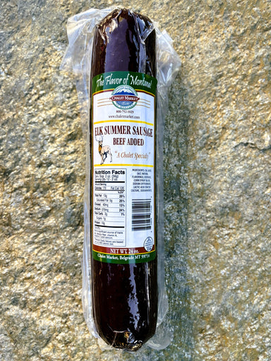 Elk Summer Sausage with Beef Added in a large vacuum sealed package. 24 oz. Made In Montana. Shelf Stable