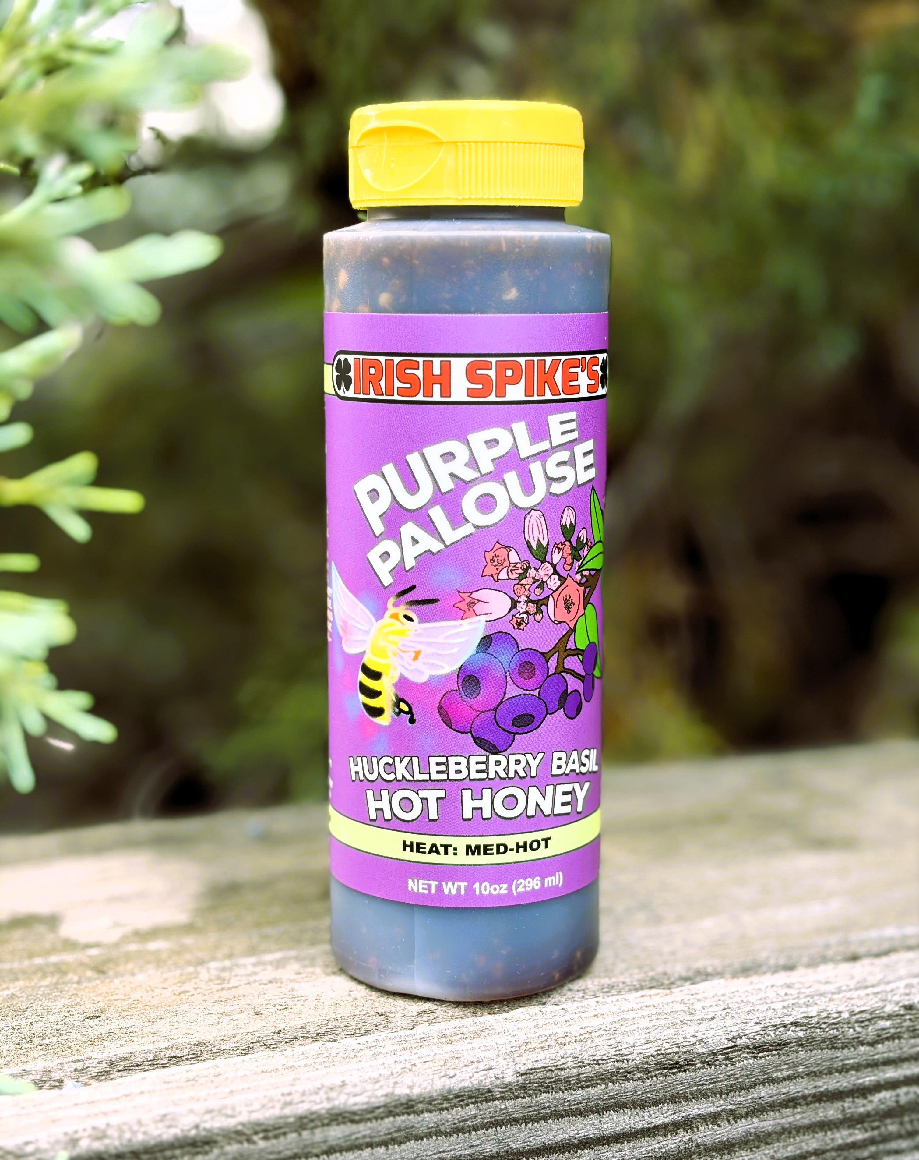 Hot Honey made with huckleberry and basil. 