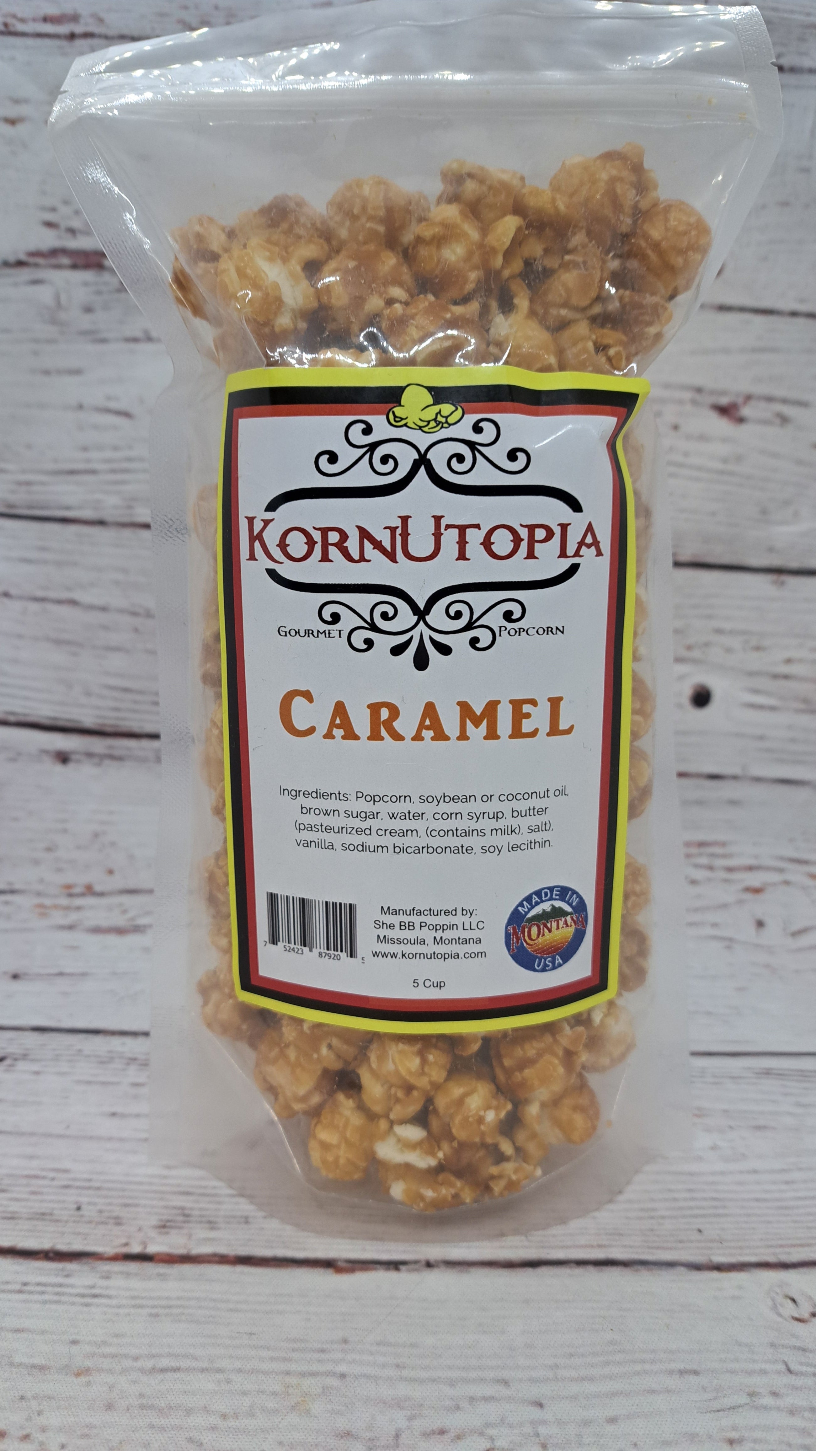 Kornutopia Caramel Popcorn Ingredients: Popcorn, coconut or soybean oil, brown sugar, corn syrup, butter, vanilla sodium bicarbonate, soy lecithin.