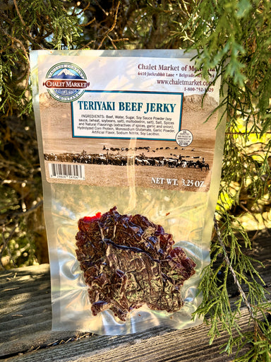 3.25 oz. package of Chalet Market Beef Teriyaki Jerky. Vacuumed packed. Made in Belgrade, Montana. U.S.D.A. inspected.