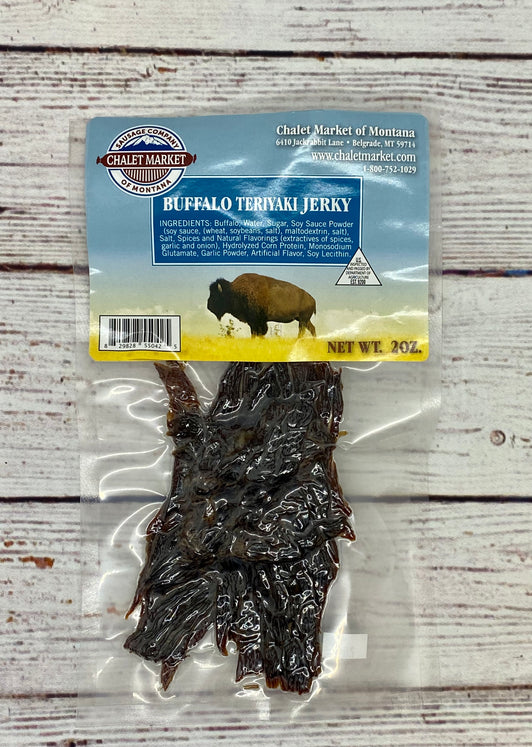 Buffalo Teriyaki Jerky - High protein snack made with all-natural North American bison meat, infused with a sweet and savory teriyaki flavor, proudly made in Belgrade, Montana.