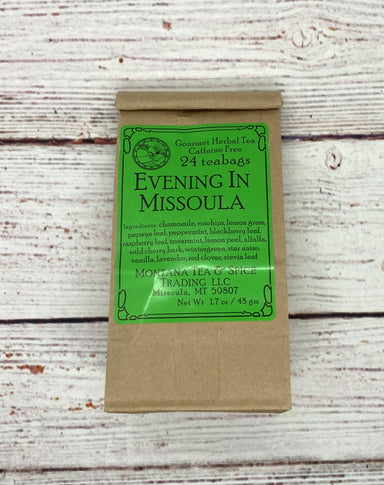 24 tea bag package of Evening in Missoula--Montana's favorite herbal tea blend. Caffeine-free. Made in Missoula, Montana.