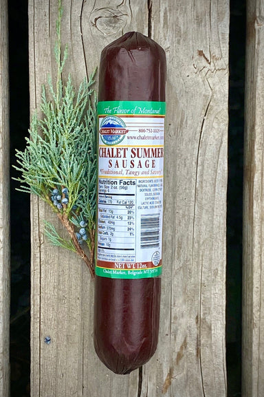 Chalet Summer Sausage is a classic sausage made with beef & pork.  Tangy, traditional and savory.  Made in Montana.