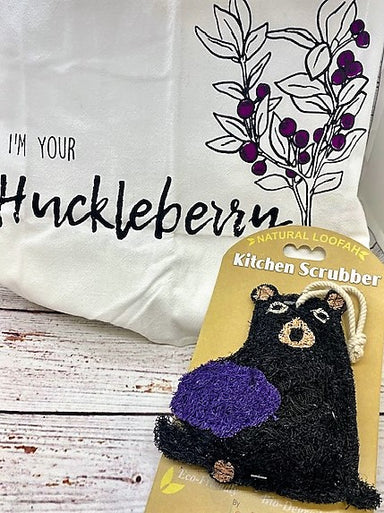 Do your dishes Montana style. Huckleberry tea towel and bear shaped natural loofah kitchen scrubber