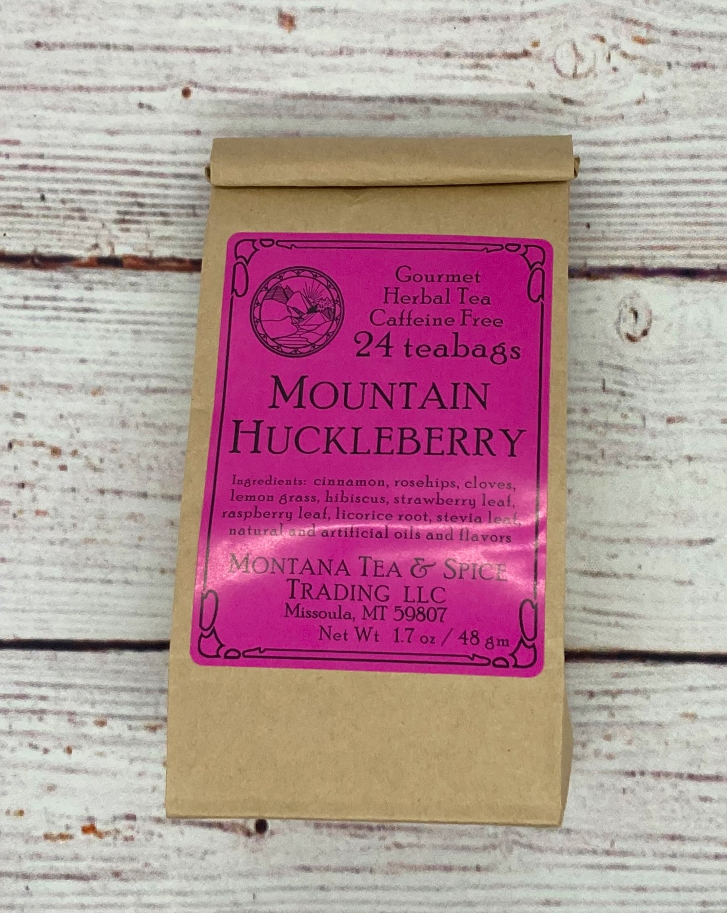 Mountain Huckleberry Gourmet Herbal Tea. Caffeine free. 24 tea bags. Montana Tea and Spice Trading Company. Made in Missoula, Montana.
