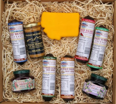 The Chalet Market Old Faithful Gift Box #430 offers a nice selection of Montana made sausages and jams. Huckleberry and Chokecherry jelly and buffalo and elk and beef sausages.