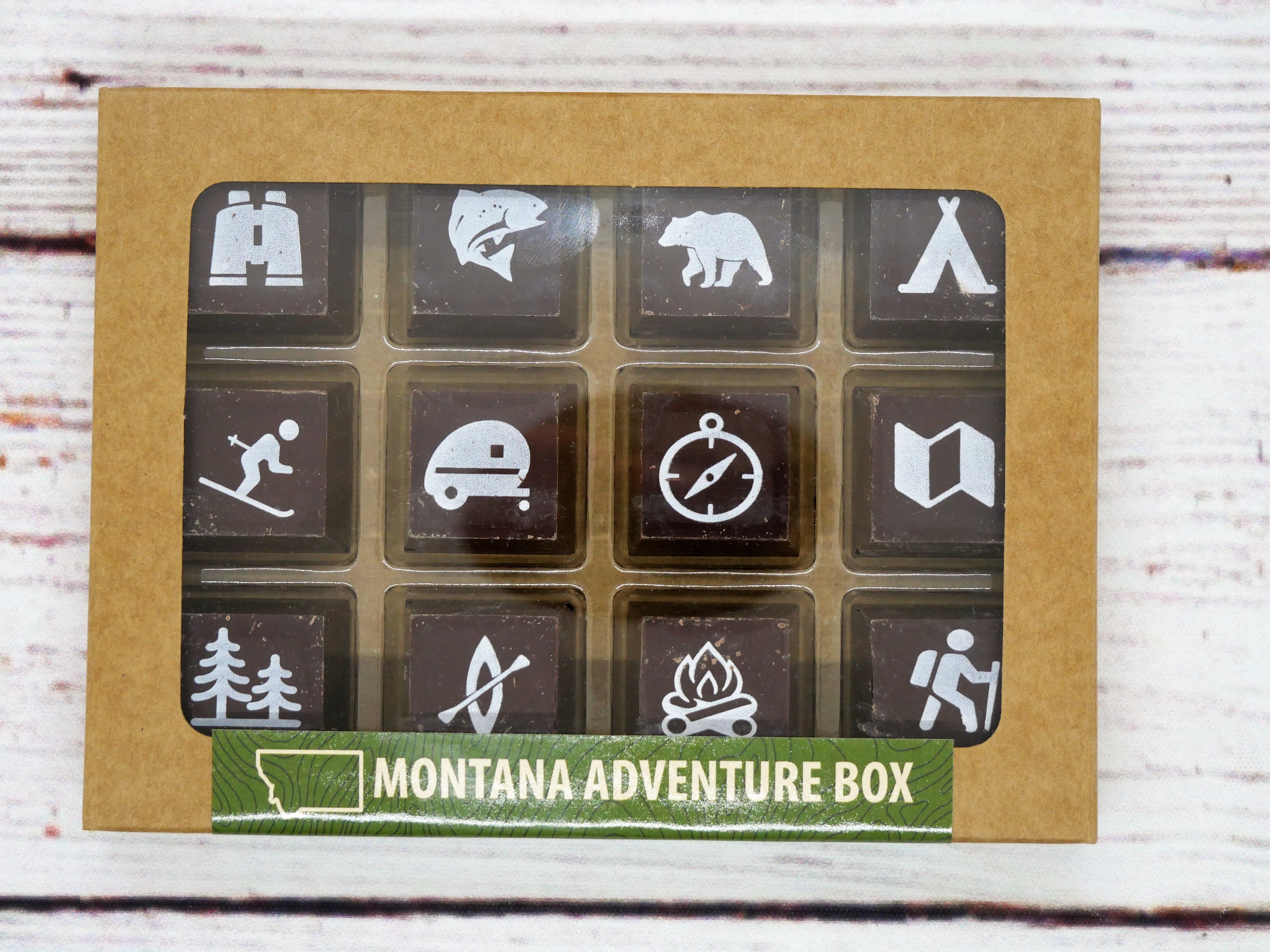 Montana Adventure Box. Set of 12 dark chocolates by Posh Chocolat in Missoula, MT