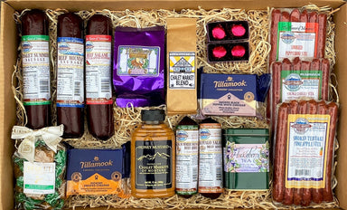 Bridger Variety Pack Montana Gift Box.  Made in Montana sausages, snack sticks, chocolates, candy, tea, cocoa and coffee.  A perfect gift for a large group!
