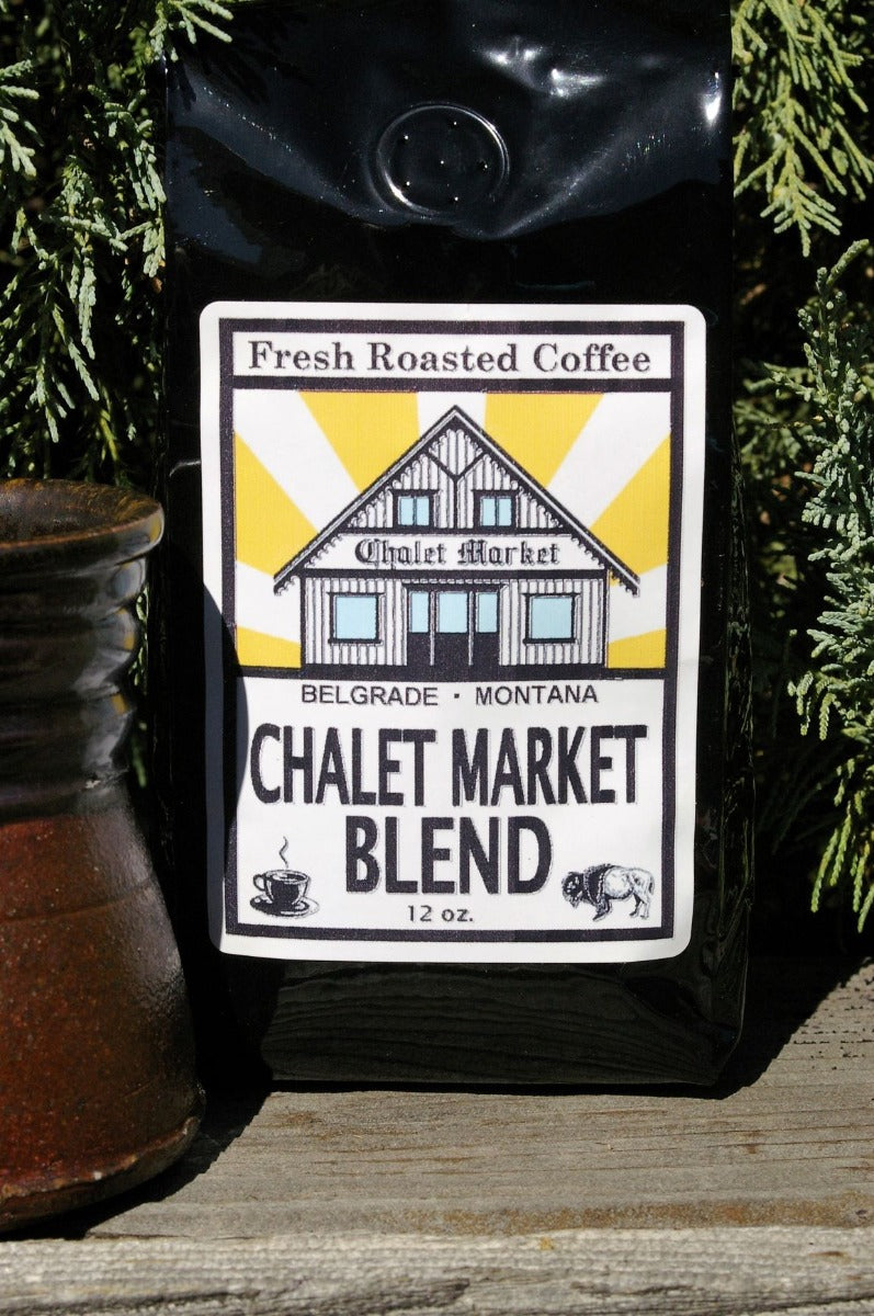 Chalet Market Blend Roasted Coffee.  Roasted in Belgrade, Montana. Rich and full flavored.