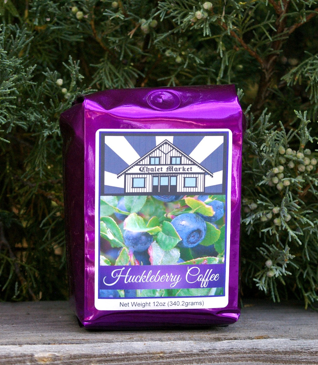 Chalet Market Huckleberry flavored coffee.  Made in Montana.  Montana gourmet coffee.