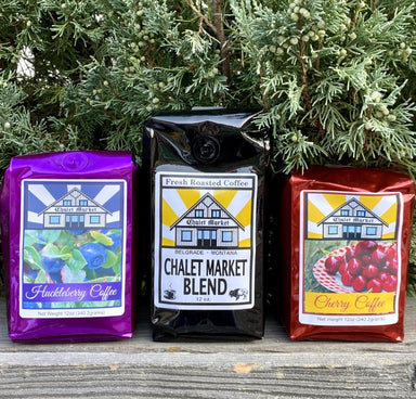 Chalet Market private label coffee huckleberry cherry and dark roast.  12 oz bags.  Made in Montana.