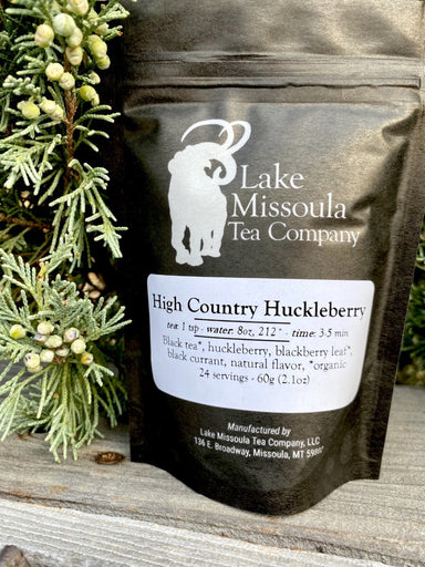 Lake Missoula Tea Company High Country Huckleberry, 24 servings, made in Montana.