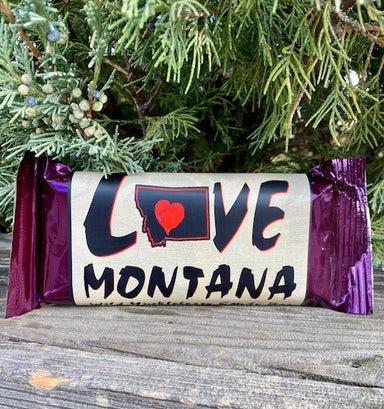 Love Montana Wild Huckleberry Milk Chocolate Candy Bar, 4.5 oz.  Made in Montana.