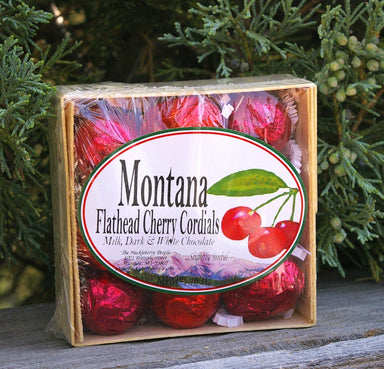 Montana Flathead Cherry Cordials, 9 pieces.  Milk, Dark and White Chocolate.  Made in Montana.