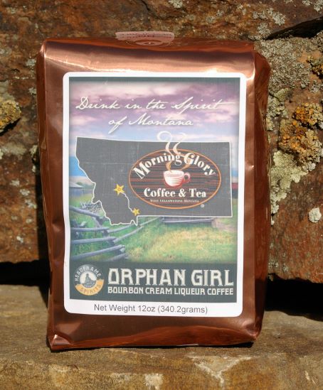 Orphan Girl Bourbon Cream Liqueur Coffee.  Roasted and blended by Morning Glory Coffee and Tea in West Yellowstone