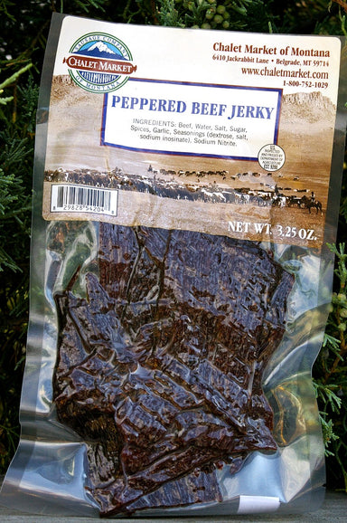 Peppered Beef Jerky, 3.25 oz.  Made by Chalet Market, Belgrade, Montana.