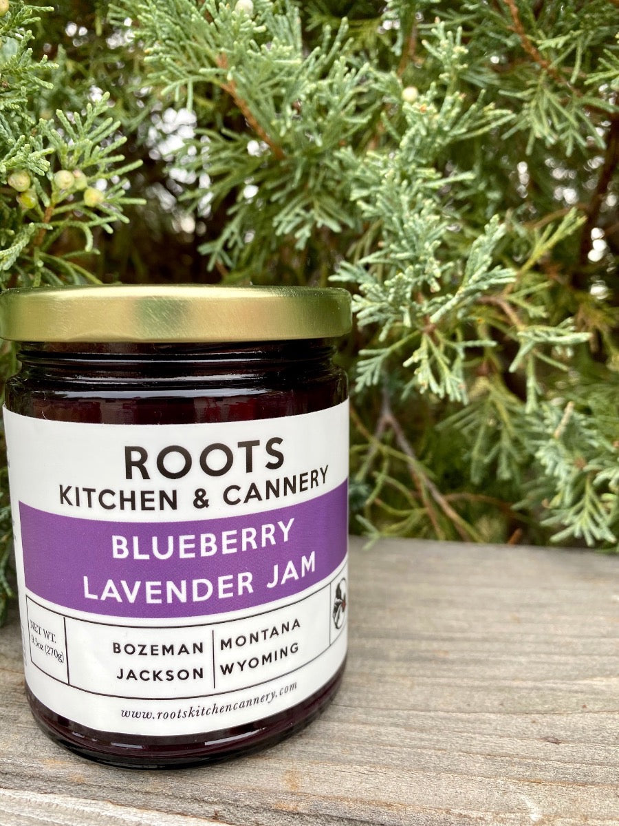 Roots Kitchen Blueberry Lavender Jam.  9.5 oz.  Made in Bozeman, Montana.