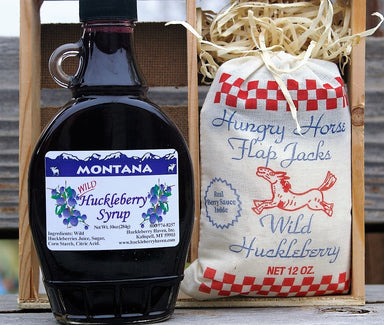 Montana Wild Huckleberry Syrup and Flap Jack Crate.  Made in Montana.