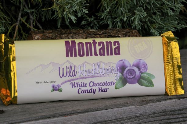 Montana White Chocolate Wild Huckleberry Candy Bar.  Made in Montana.