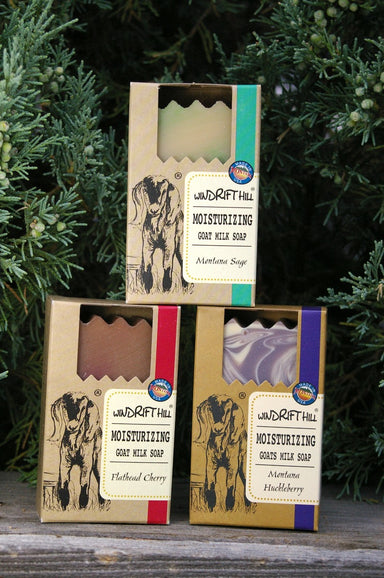 3 pack of Windrift Hill Soap Bars:  Montana Sage, Flathead Cherry and Montana Huckleberry.  5 ounces each.  Made in Montana.
