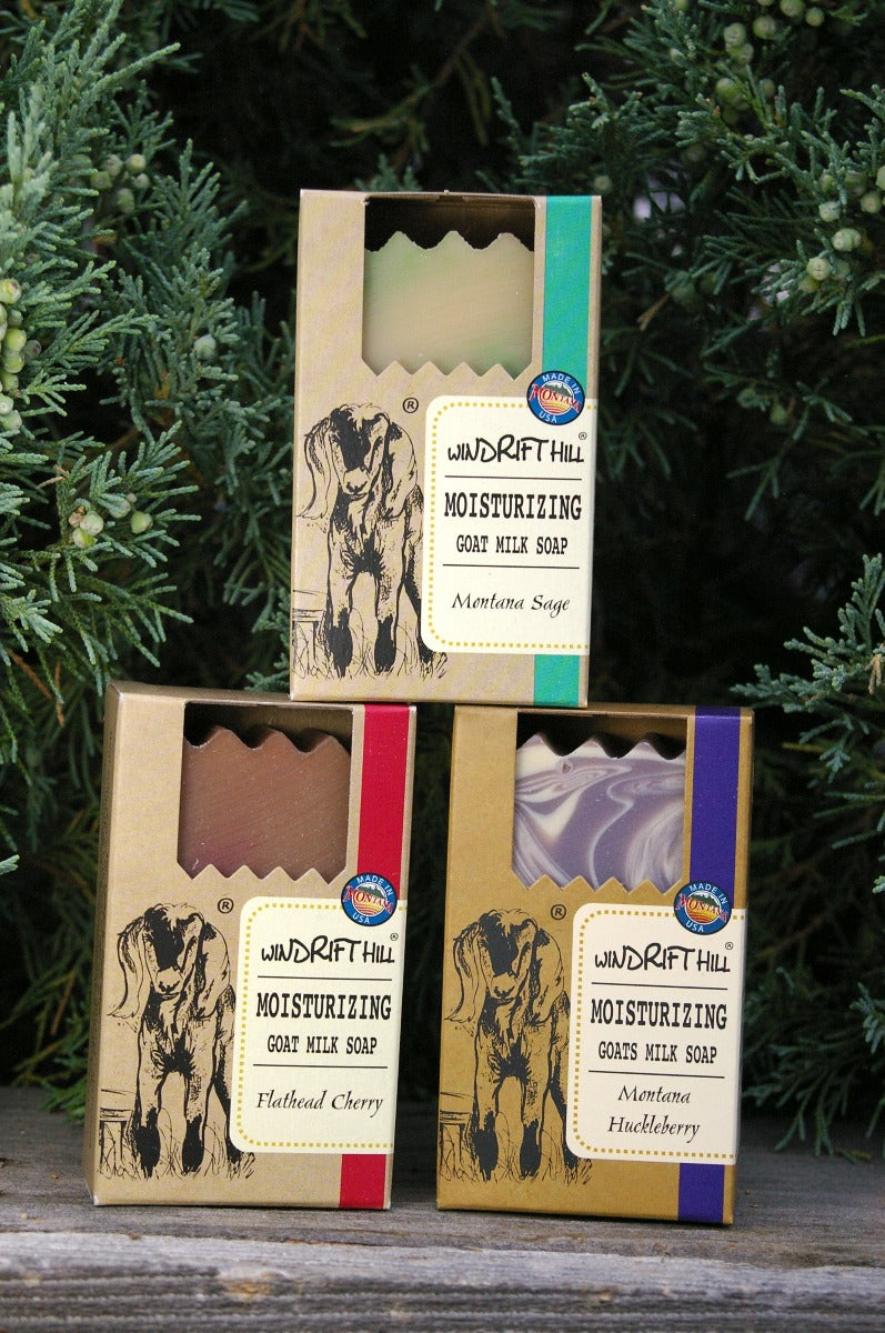 3 pack of Windrift Hill Soap Bars:  Montana Sage, Flathead Cherry and Montana Huckleberry.  5 ounces each.  Made in Montana.